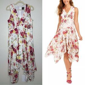 Taylor Floral-Print Lace Handkerchief-Hem Dress, Size 14